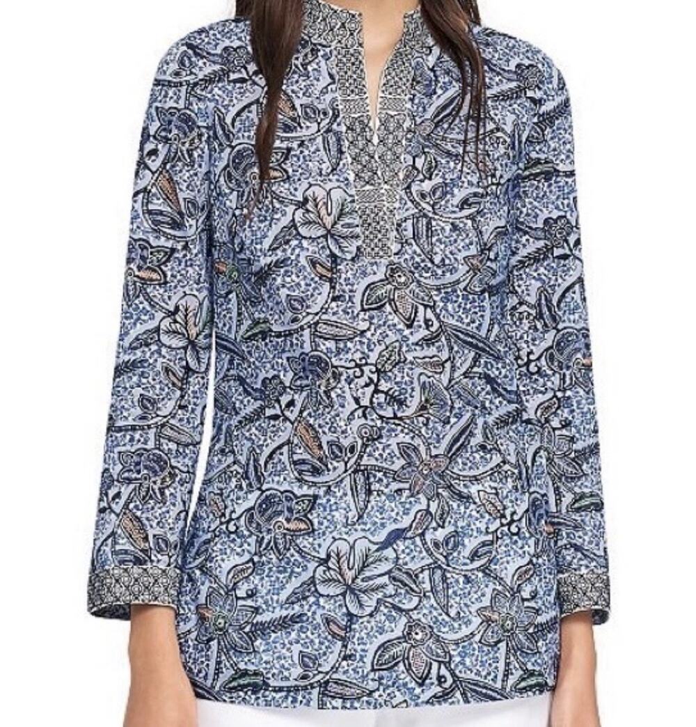 Tory Burch Lightweight Cotton Tunic Top Resort Wear Blue White Floral Size 2